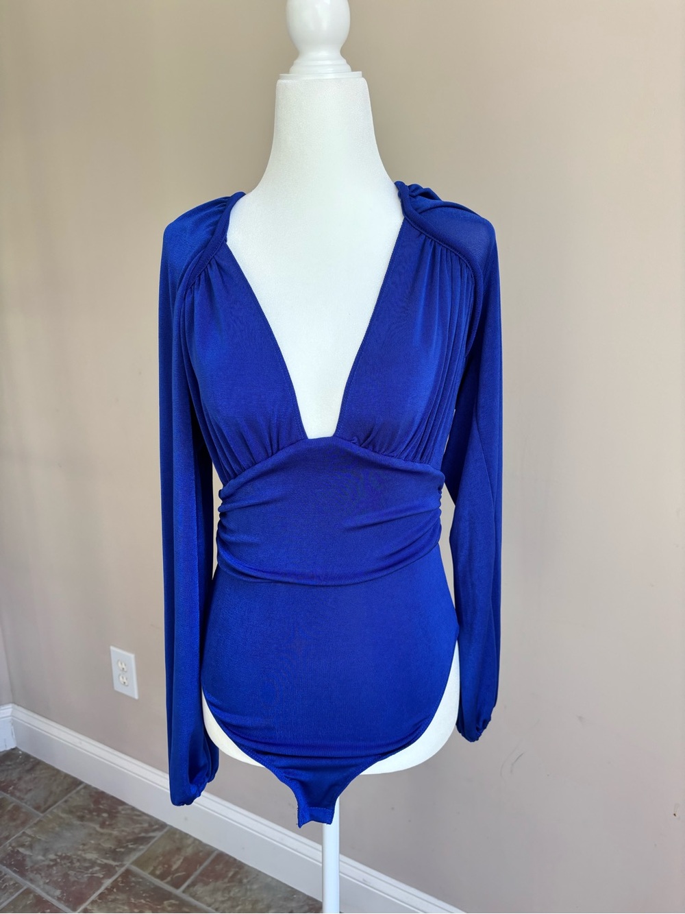 Free People Small Deep Blue Plunge Long-Sleeve Bodysuit